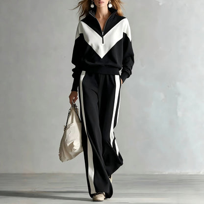 Women's Colour-Block Chevron Half-Zip Sweatshirt & Wide-Leg Side-Stripe Tracksuit Set