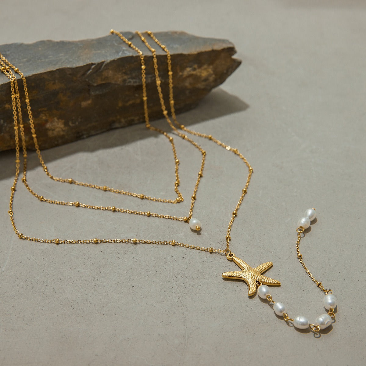 18K gold multi-layer chain with starfish and pearl tassel design exquisite and noble necklace