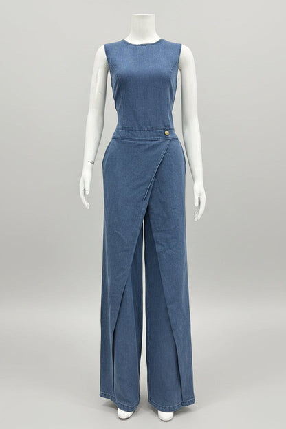 Women's Sleeveless Denim-Style Wide-Leg Jumpsuit