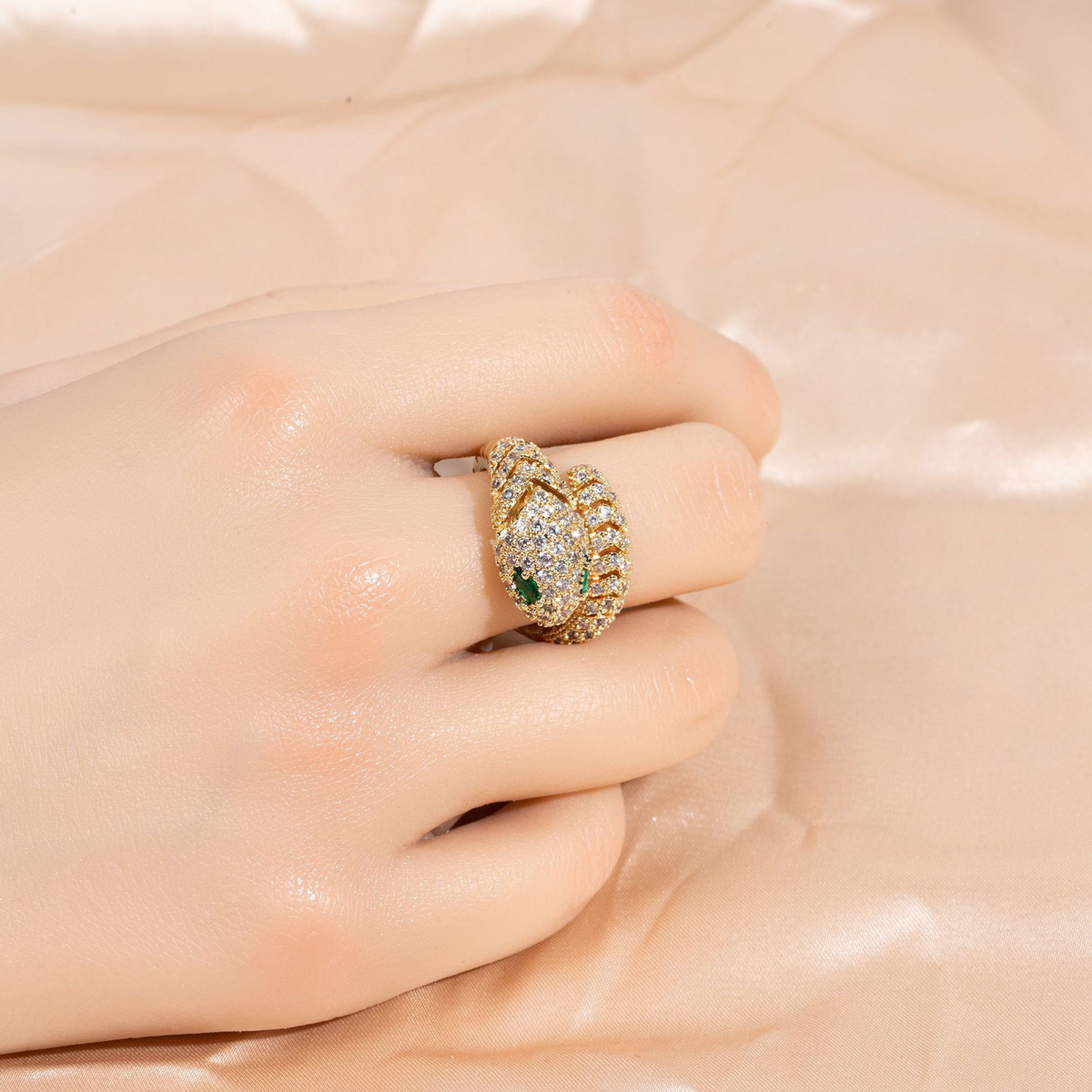 Snake-Shaped Adjustable Open Ring with Zircon Inlay