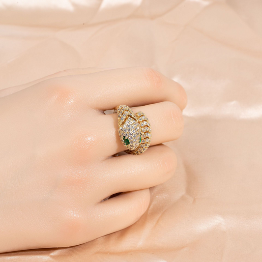 Snake-Shaped Adjustable Open Ring with Zircon Inlay