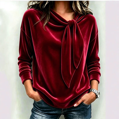 Solid Color Long Sleeve Bow Top – Loose Fit Scarf Collar