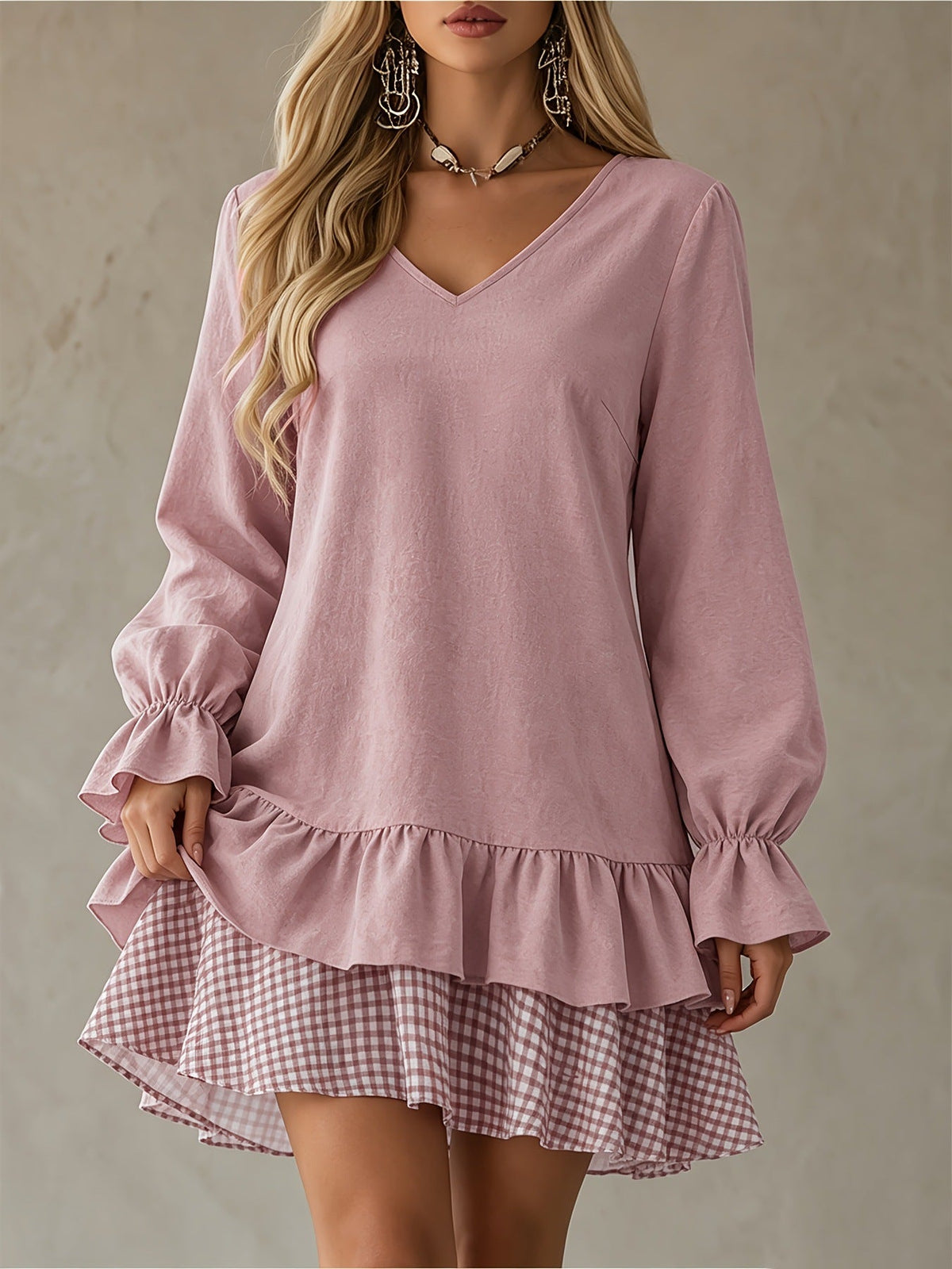Women's V-Neck Ruffle Sleeve Plaid Patchwork Mini Dress