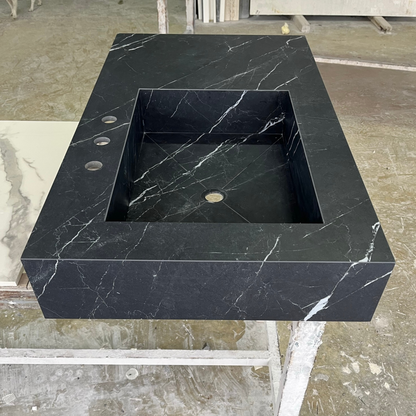 Nero Marquina Black Marble Look Engineered Porcelain Bathroom Sink - Hand-Crafted