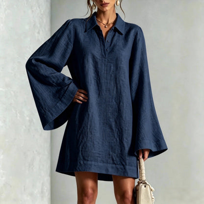 Women's Lapel Collar Flared Sleeve A-Line Midi Dress