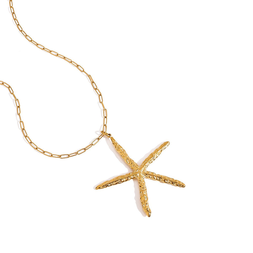 18K Gold Starfish Shape Textured Beach Style Necklace