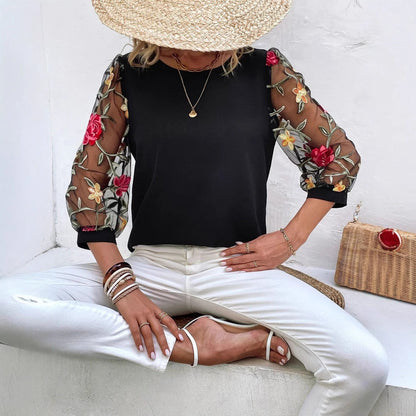 Women's Mesh Patchwork Three-Quarter Sleeve Top – Casual Chic