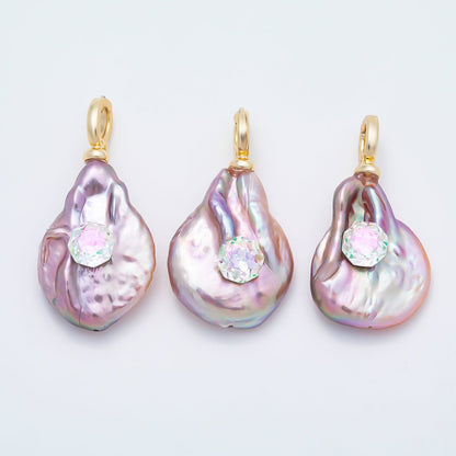 18K Gold Filled 30mm Iridescent CZ Purple Baroque Freshwater Pearl Pendant | Charms-01570