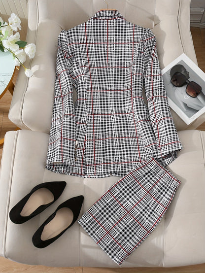 Plus Size Plaid Skirt Suit for Women – Two-Piece Blazer and High Waist Skirt Set