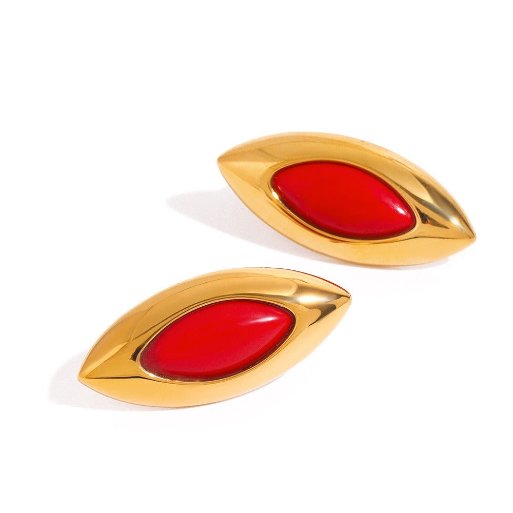 18K gold geometric oval inlaid gemstone design exquisite dazzling earrings