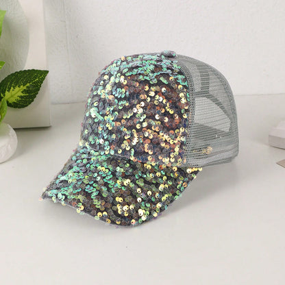 Sequin-Embroidered Mesh Baseball Cap with Sunshade – Breathable Trendy Hat