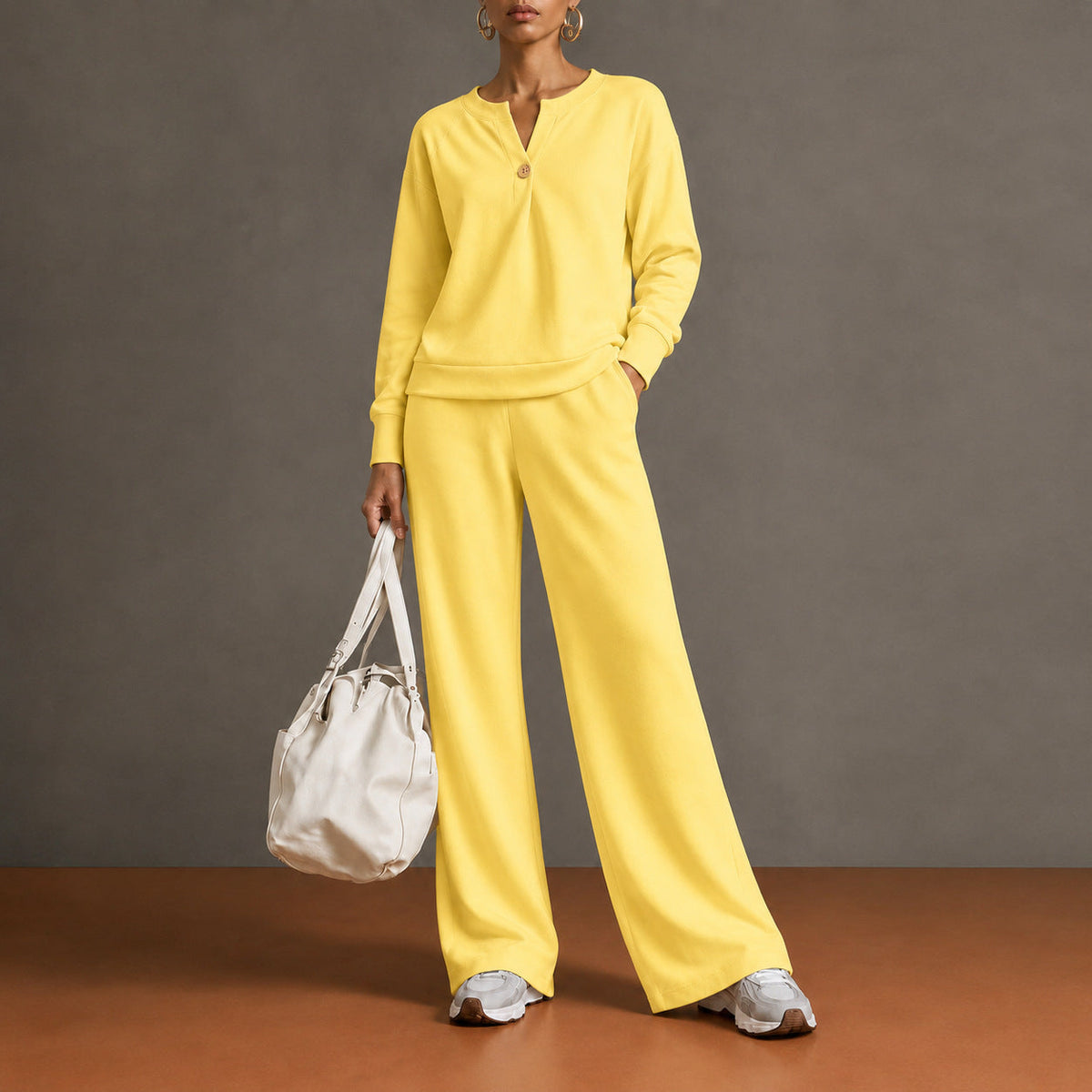 Women's Single-Button Split-Neck Sweatshirt & Wide-Leg Pants Set