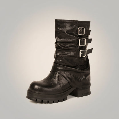 Women's Punk Slouchy Triple Buckle Mid-Calf Boots – Crinkled PU Platform
