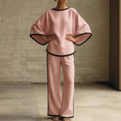 Loose Bat Sleeve Two-Piece Set – Round Neck Top & Wide Leg Pants