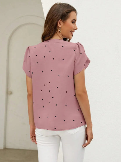 Women's V-Neck Heart Print Blouse – Petal Sleeve Pleated Front Elegant Top