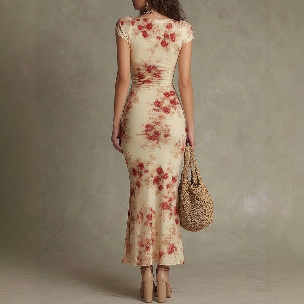 Women's Vintage Printed Sweetheart Neck Bodycon Midi Dress