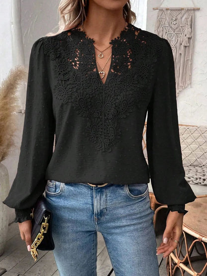 Swiss Dot Lace Detail Notched Long Sleeve Blouse – Feminine Style
