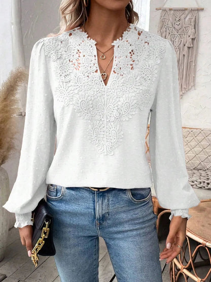 Swiss Dot Lace Detail Notched Long Sleeve Blouse – Feminine Style
