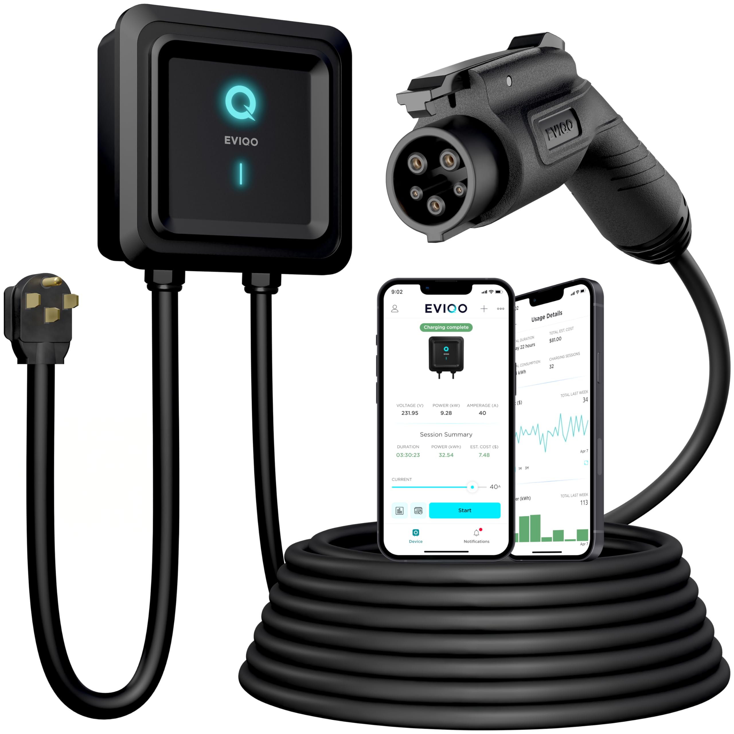 EVIQO Level 2 EV Charger, 48A (11.5kW), 240V, NEMA 14-50 Plug-in, J1772 for Non-Tesla EVs