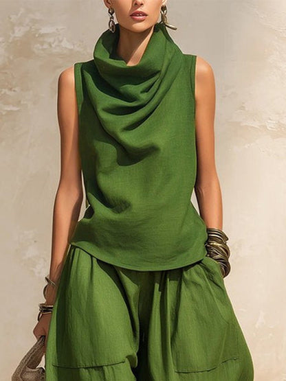 Women's Draped Cowl-Neck Sleeveless Top & Voluminous Balloon Lantern Trouser Set