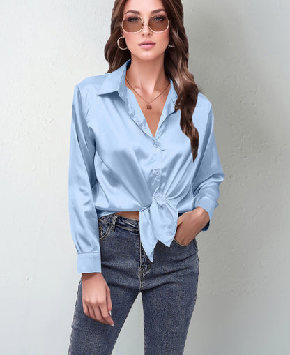Women’s Satin Lapel Button-Down Blouse