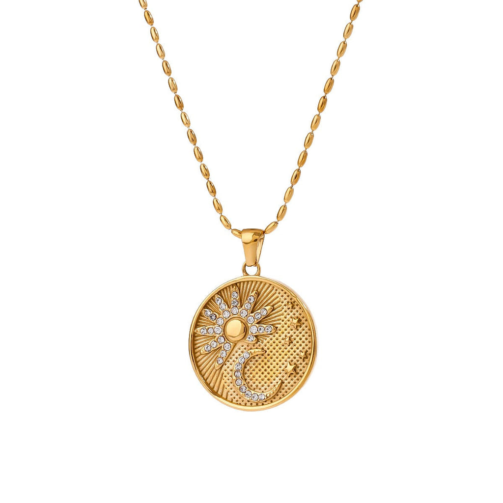 18K gold round necklace with sun and moon pattern and diamond design