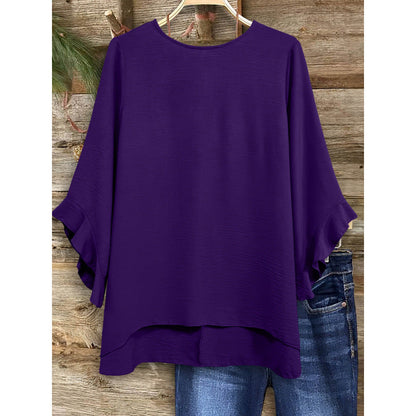 Women's Solid Color Loose Round-Neck Top – Ruffled Three-Quarter Sleeves