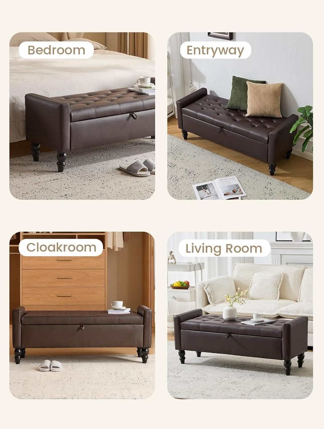 Brown Genuine Leather Storage Ottoman Bench Bedside