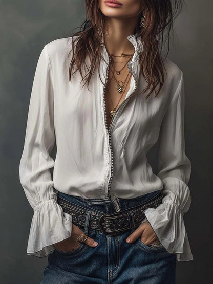 Women's Ruffled Sleeve Resort Shirt – Stretch Casual Long Blouse
