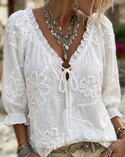 Jacquard Floral Ruffle Trim Lace-Up V-Neck Puff Sleeve Blouse