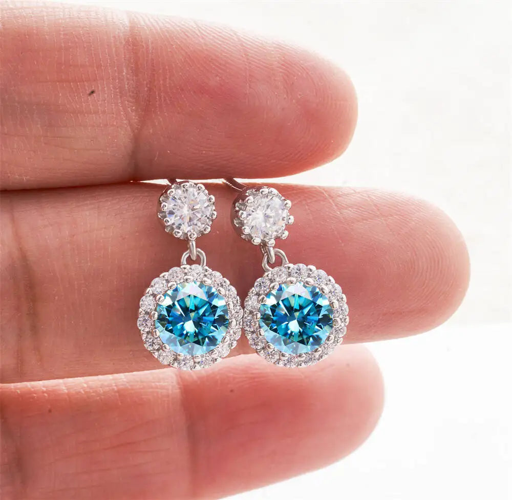 Moissanite Halo Drop Earrings in 925 Sterling Silver