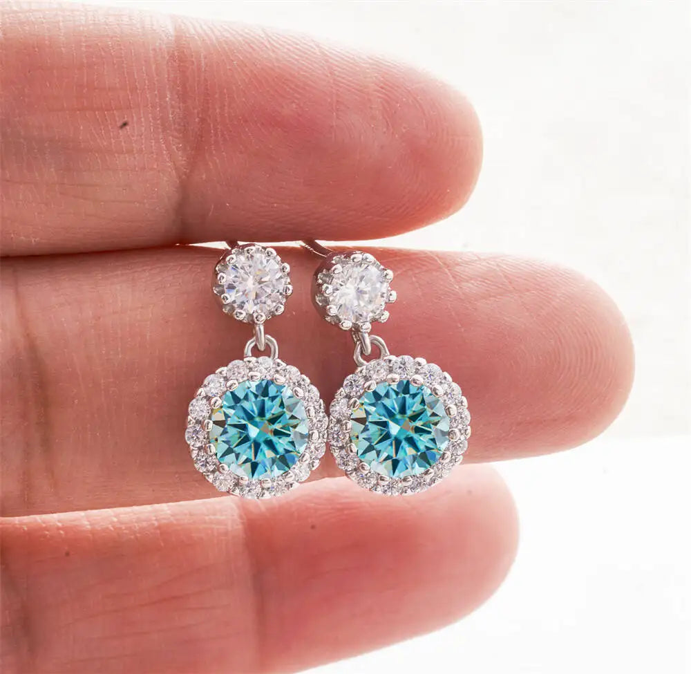 Moissanite Halo Drop Earrings in 925 Sterling Silver