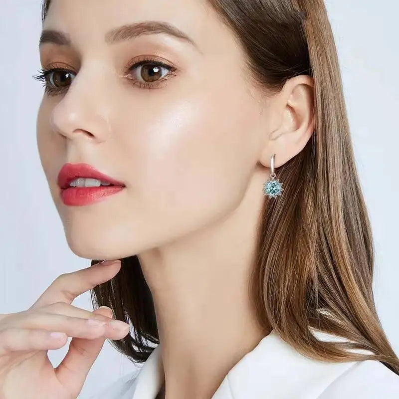 Colorful Sunburst Moissanite Drop Earrings in Sterling Silver