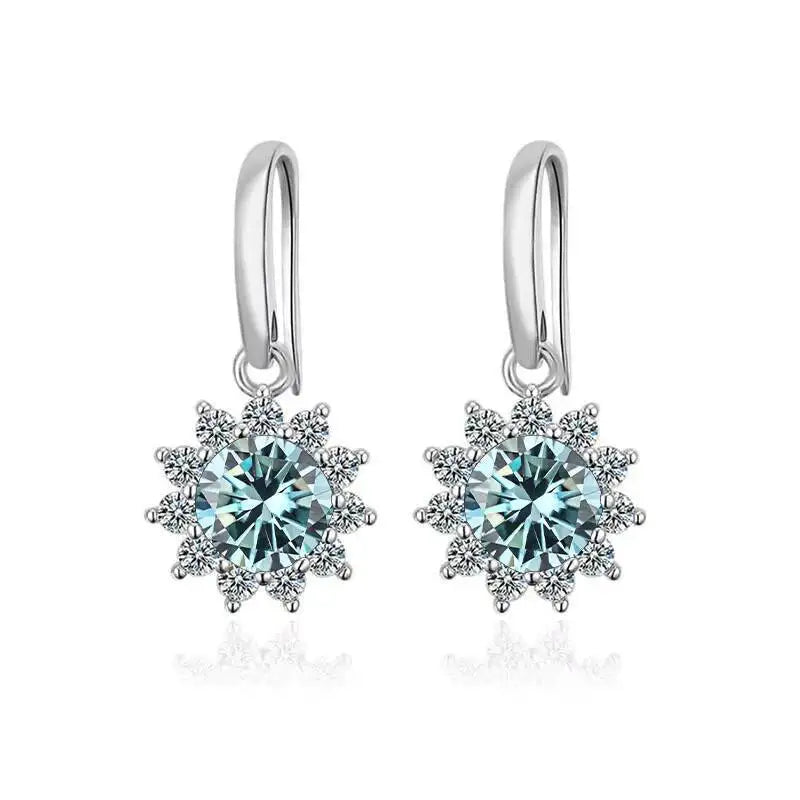 Colorful Sunburst Moissanite Drop Earrings in Sterling Silver