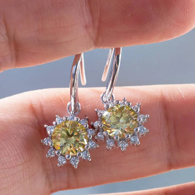 Colorful Sunburst Moissanite Drop Earrings in Sterling Silver