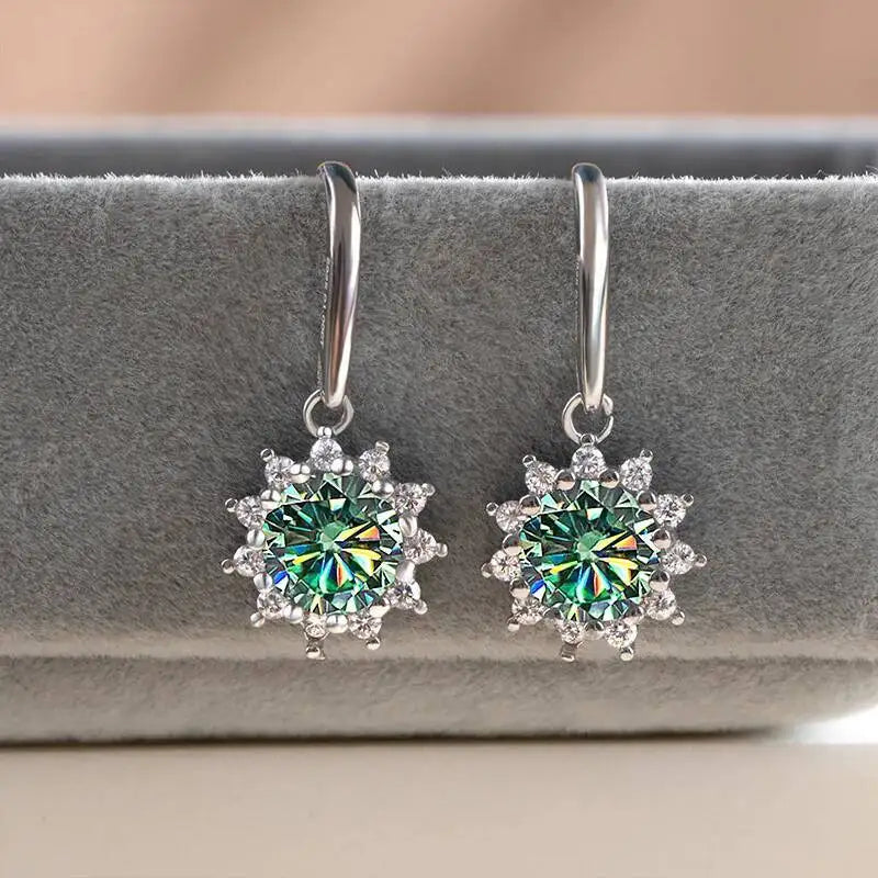 Colorful Sunburst Moissanite Drop Earrings in Sterling Silver