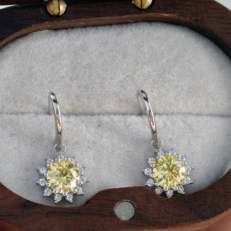 Colorful Sunburst Moissanite Drop Earrings in Sterling Silver