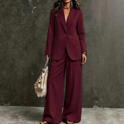 Women's Linen-Look Single-Button Blazer & Wide-Leg Trouser Suit Set