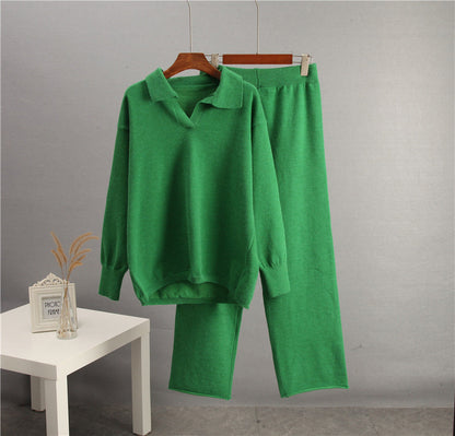 Solid Color Lapel Sweater Set for Women