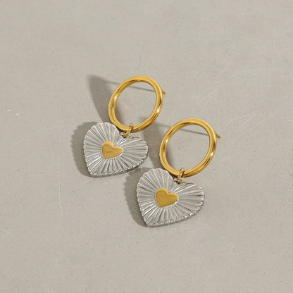 18k gold heart-shaped earrings with gold and silver color matching design, simple and personalized