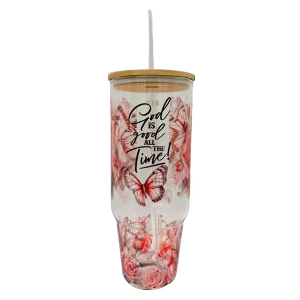 32oz or 40oz God Is Good All The Time custom Sublimation Printed Clear or Frost Glass Tumbler, Mug, Cup with Handle