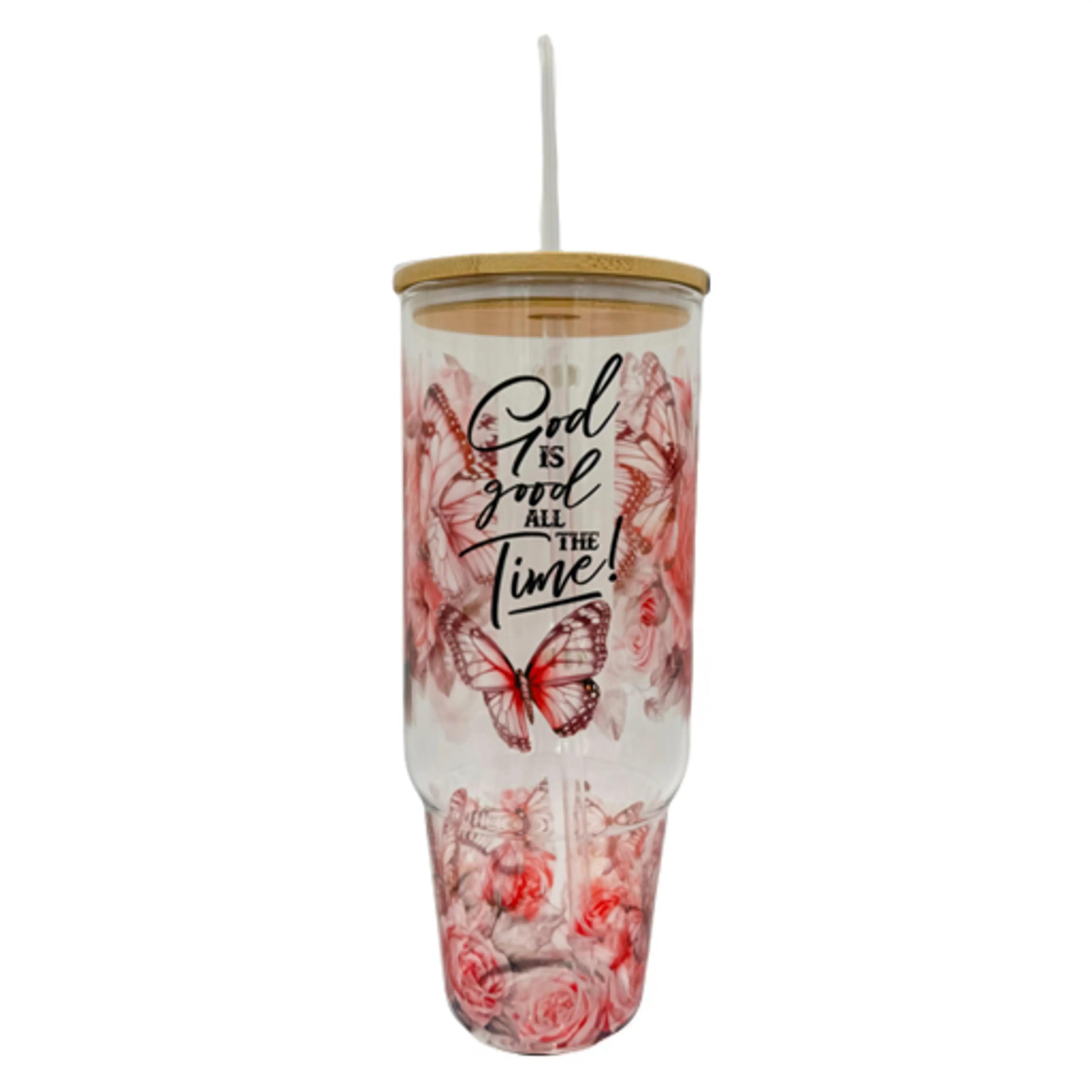 32oz or 40oz God Is Good All The Time custom Sublimation Printed Clear or Frost Glass Tumbler, Mug, Cup with Handle