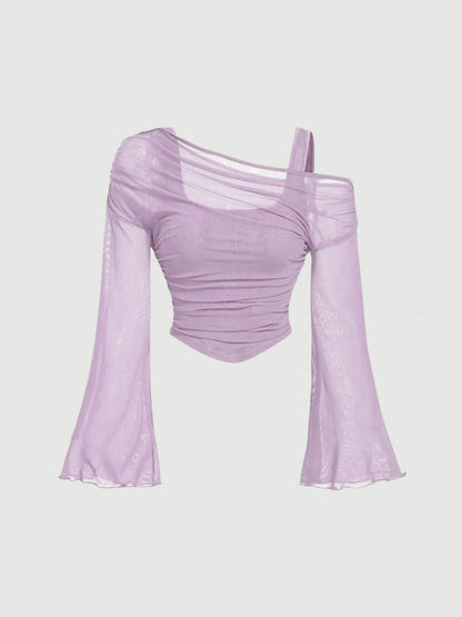 Women's Mesh Neck Pleated Long-Sleeve Top – Slim Fit Knit