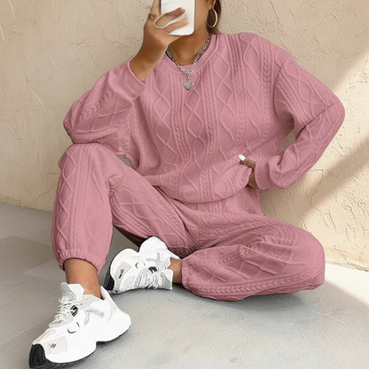 Women's Cable-Knit Texture Sweatshirt & Jogger Pants Set