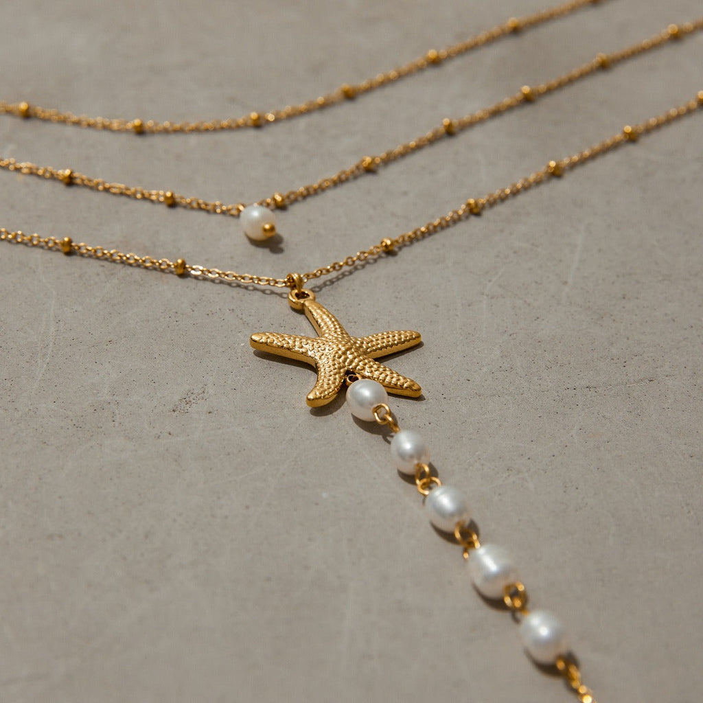 18K gold multi-layer chain with starfish and pearl tassel design exquisite and noble necklace