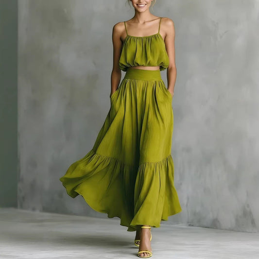 Women’s Two-Piece Flared Skirt Set – High-Waist Elegant Outfit