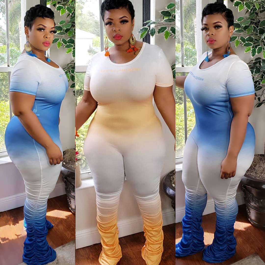 Plus Size Sexy Gradient Zipper Short Sleeve Pleated Trousers One-Piece Nightclub Uniforms