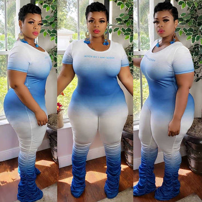 Plus Size Sexy Gradient Zipper Short Sleeve Pleated Trousers One-Piece Nightclub Uniforms