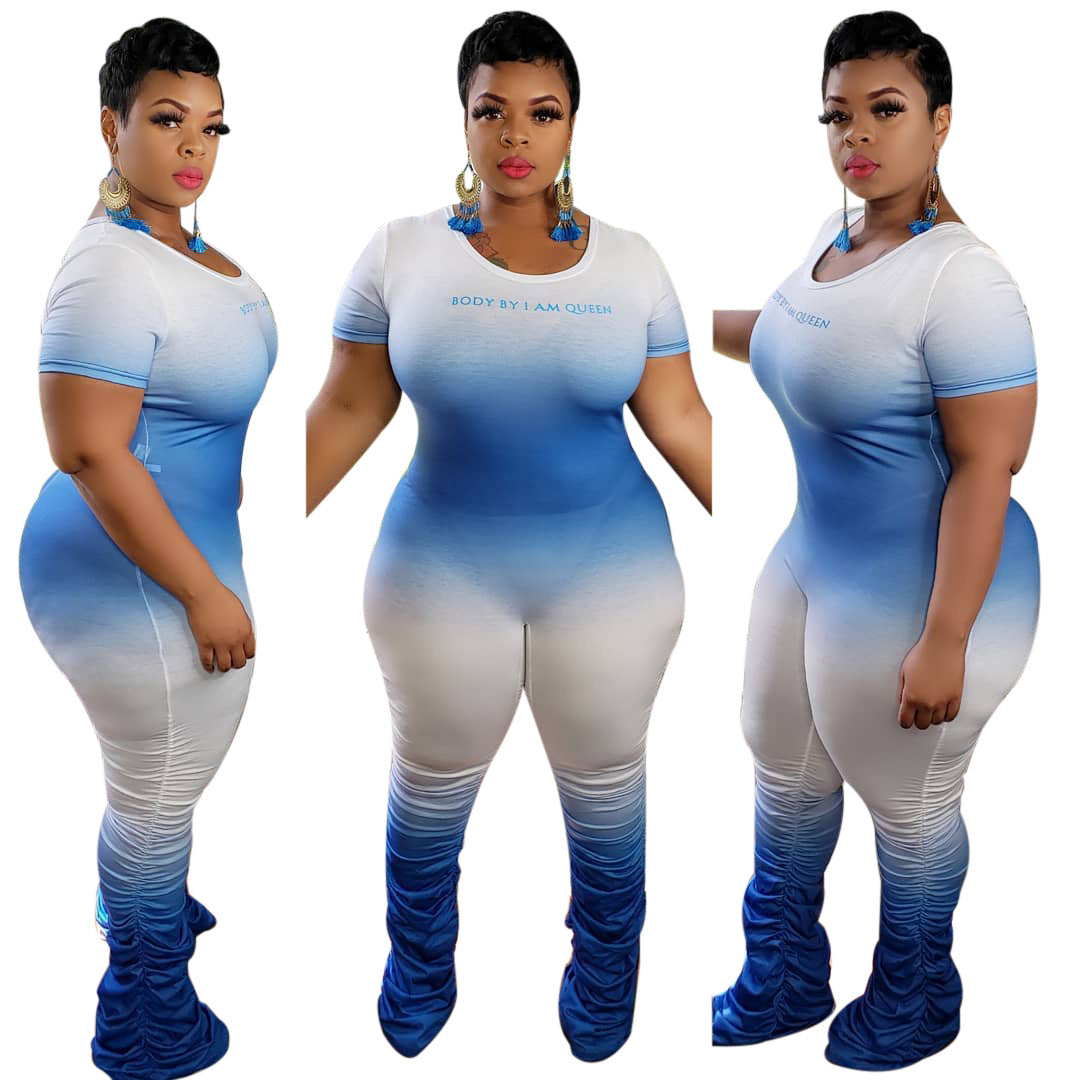 Plus Size Sexy Gradient Zipper Short Sleeve Pleated Trousers One-Piece Nightclub Uniforms