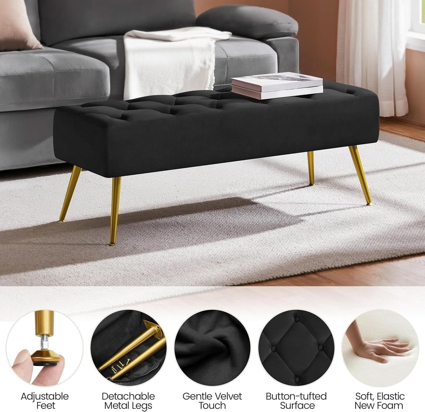Black Velvet Upholstered Ottoman Bench Golden Legs